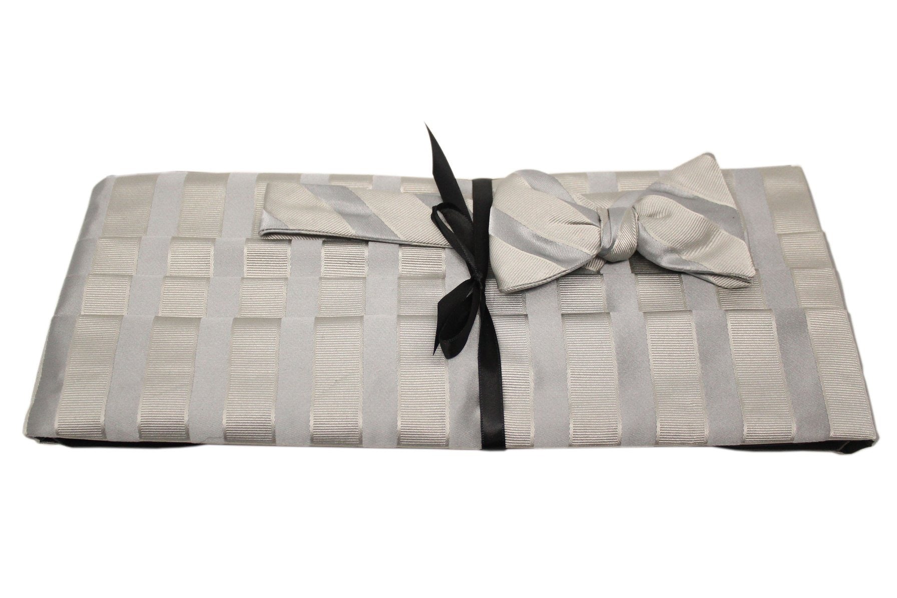 Silver Satin Faille Stripe Cummerbund + Bow Tie Set