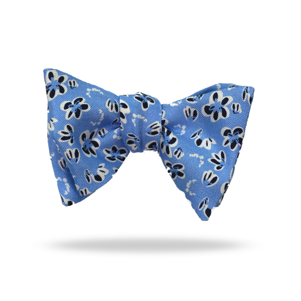 Cyan Navy Flowers - 100% Silk Bow Tie - Filetto