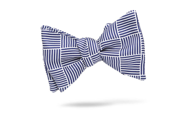 Navy White Geometric Stripe 100% Silk Bow Tie - Tallinn