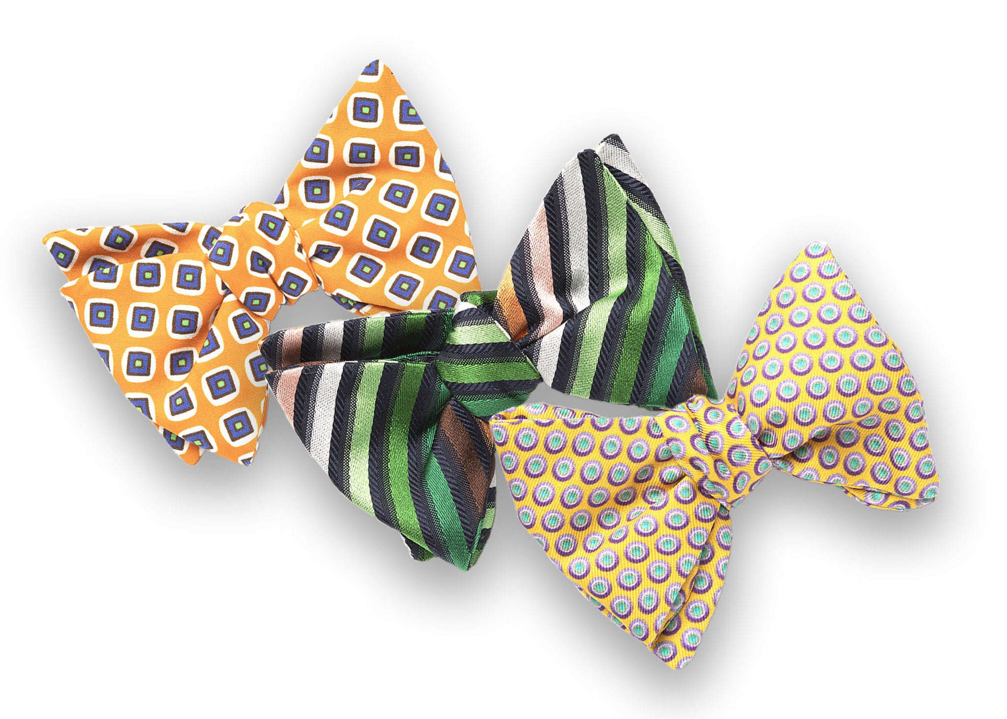 3 Pack Bow Tie Bundle - #6 - Orange Geometric, Multi Color Stripe, Yellow Dot