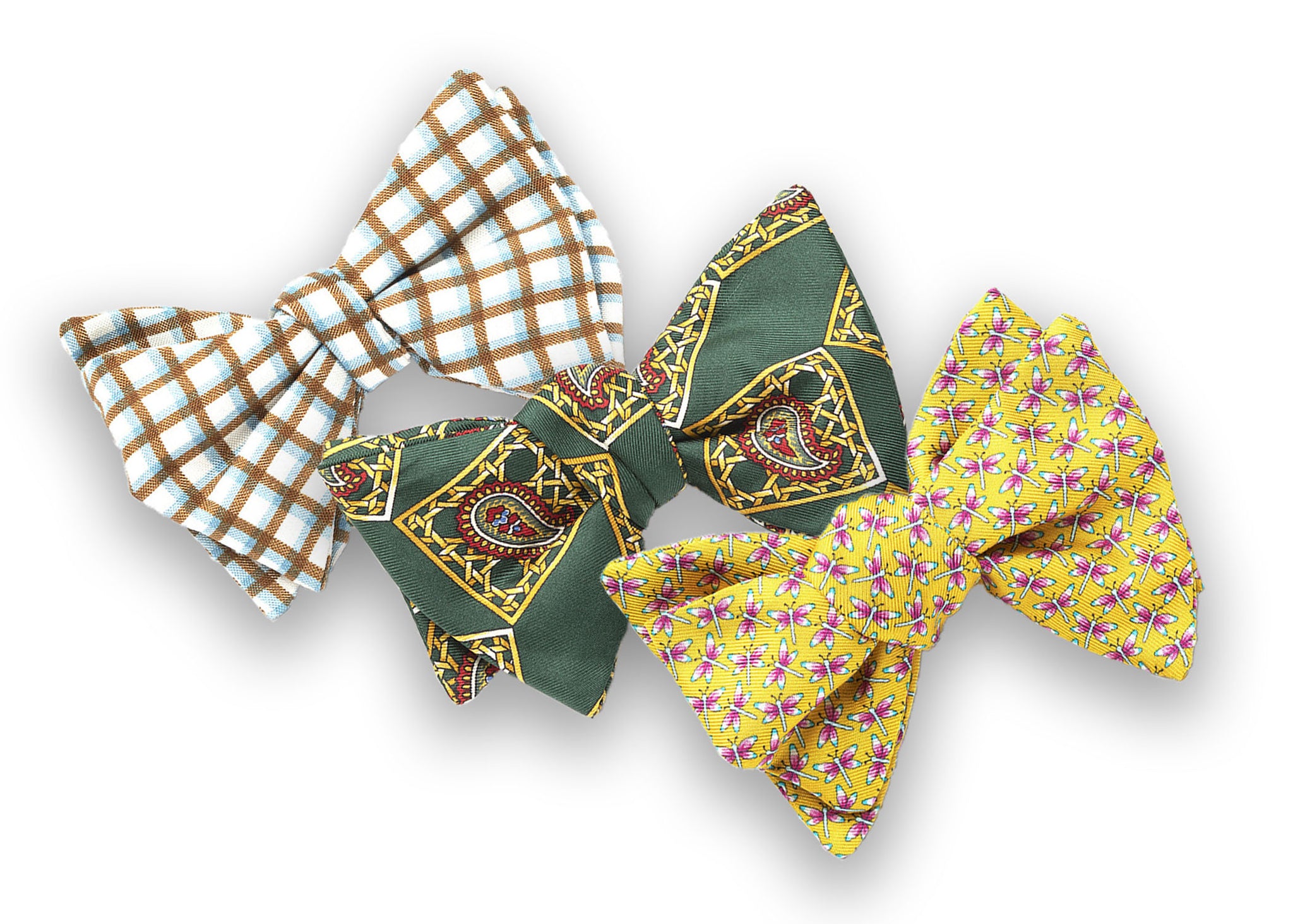 3 Pack Bow Tie Bundle - #7 - Blue Plaid, Green Paisley, Yellow Conversational
