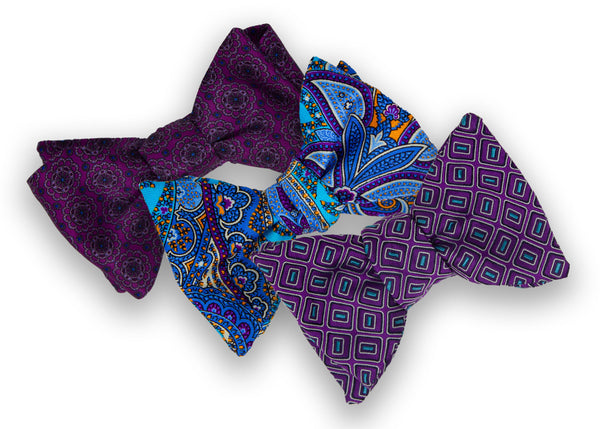 3 Pack Bow Tie Bundle - #11 - Purple Geometric, Blue Paisley, Purple Geometric